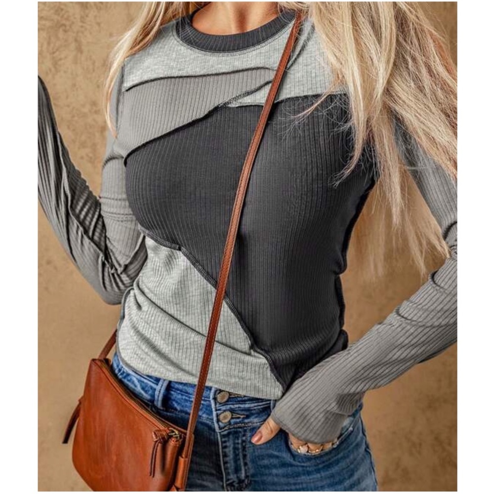 055 Fitted Color Block Long Sleeve Top - Picture 2 of 6